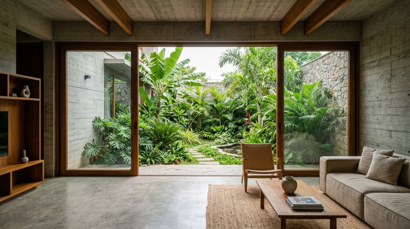 Premium architectural interior looking out through large sliding glass doors