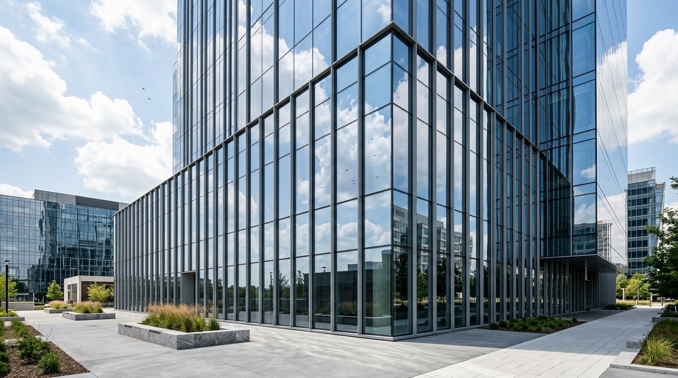 Commercial facade reflecting sky